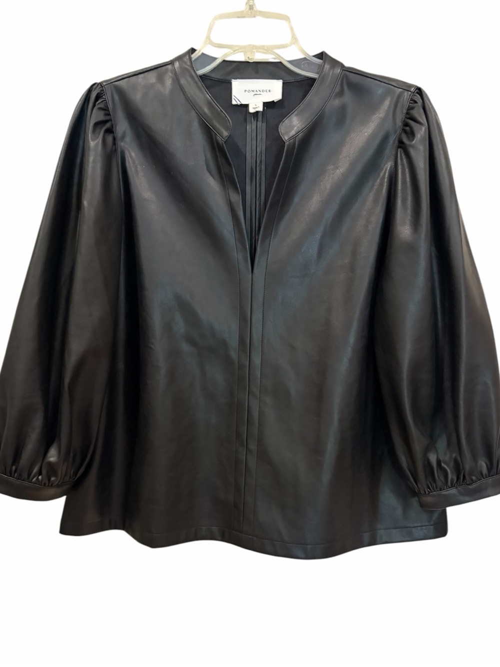 Tuckernut Pomander Place black faux leather blouse puff sleeve size large